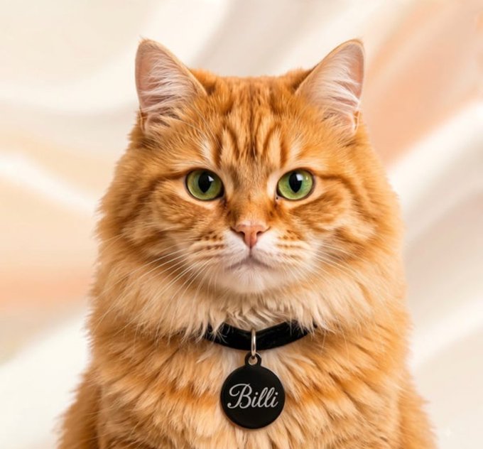 A fluffy orange tabby cat with striking green eyes sits regally against a soft, peach-toned backdrop, wearing a black collar with a circular tag engraved with the name "Billi." The post's "GM to the cat meta" greeting ties in perfectly, as the cat's proud, dignified pose and personalized tag emphasize the social media trend of treating cats as distinguished personalities worthy of their own daily shoutouts.