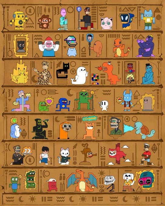 A collection of cartoon-style character illustrations, including a Charmander, Rayquaza, and an Among Us crewmate, displayed on shelves surrounded by hieroglyphic-style symbols. The image, tied to the "Pivot to NFTs." theme, showcases the whimsical artwork in a format that mirrors the stylized NFT collections commonly traded online.