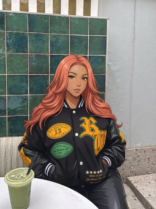 A digital illustration shows a red-haired woman in a black varsity jacket with 'LBC' and sports patches, sitting at a table with an iced matcha drink.