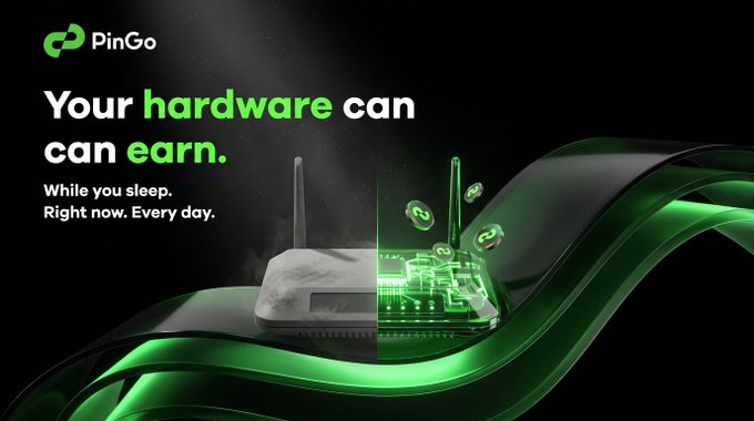 An advertisement for 'PinGo' reading 'Your hardware can earn. While you sleep. Right now. Every day.' showing a white router with green circuit elements and floating coins.