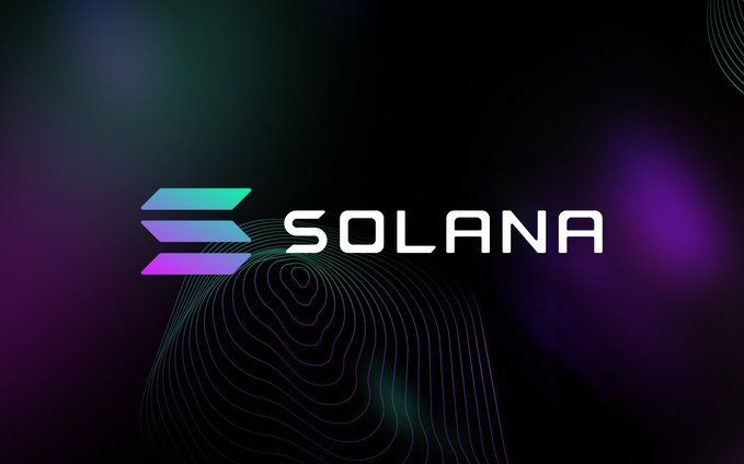 The Solana cryptocurrency logo displayed against a dark background with topographic line patterns and a purple glow.