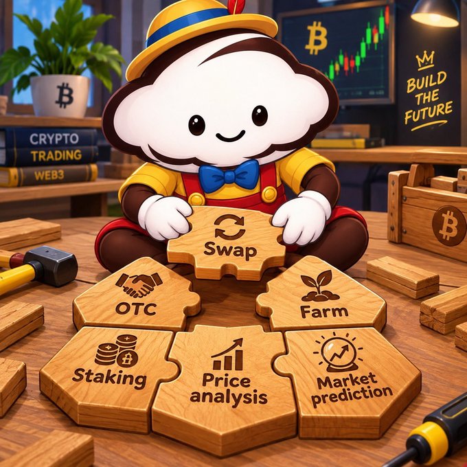 A cartoon monkey in a yellow and red outfit sits at a desk with wooden hexagonal puzzle pieces labeled 'Swap', 'OTC', 'Farm', 'Staking', 'Price analysis', and 'Market prediction', with a screen displaying 'BUILD THE FUTURE' and Bitcoin logos.