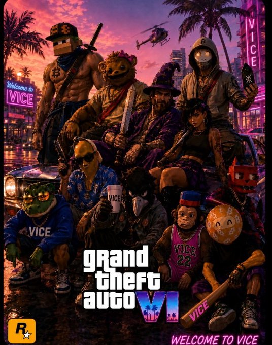 The cover art for the video game 'Grand Theft Auto VI', featuring the tagline 'Welcome to Vice', with various masked and costumed characters posed around a car in a neon-lit city setting.
