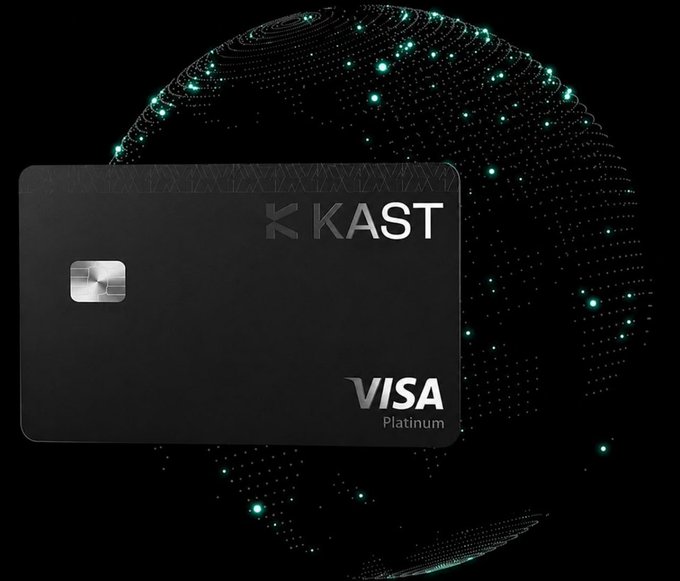 The image features a black credit card, specifically a Visa Platinum card, placed next to a globe with green lights. The text "I continue to use the @KAST xyz card for my online purchases" is written above the card. The main focus of this image is the comparison between the physical card and its digital counterpart, highlighting the advantages of using both forms of payment.