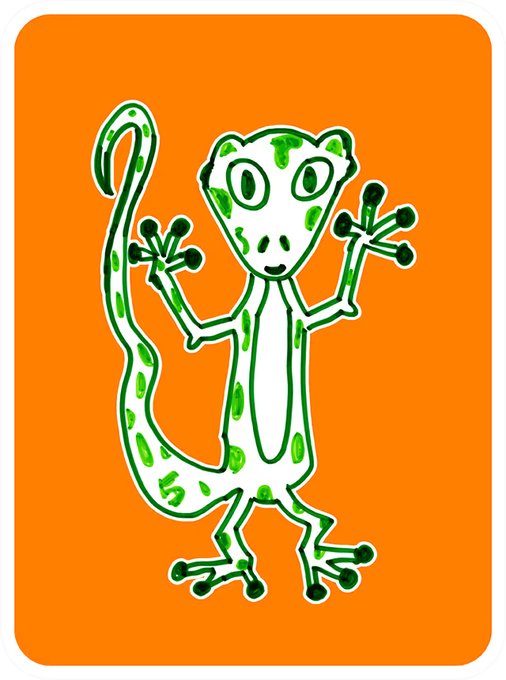 A cartoon illustration of a green spotted lizard or gecko standing on its hind legs with arms raised, set against a bright orange background.