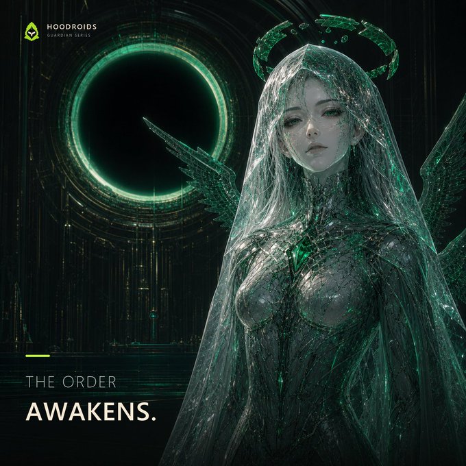 This image depicts a Hoodroids Guardian Series NFT with the tagline "THE ORDER AWAKENS." and prominently features an angelic figure with a halo and wings, rendered in a metallic green aesthetic that complements the text and branding.
