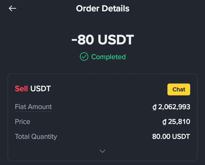 A screenshot of an order details screen showing a completed transaction of -80 USDT (Sell USDT), with fiat amount � 2,062,993, price ₫ 25,810, and total quantity 80.00 USDT.