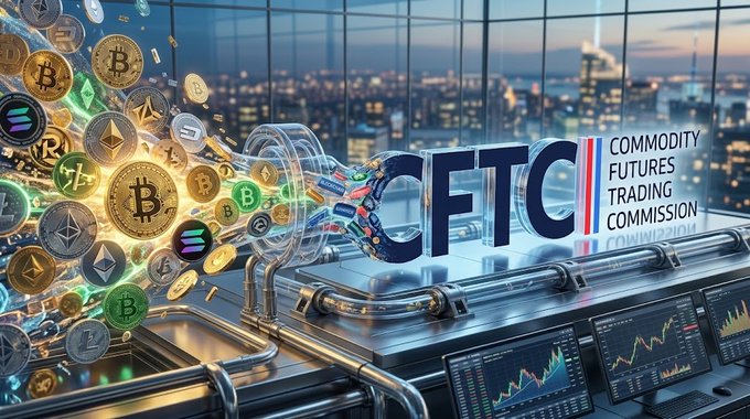 A futuristic scene with cryptocurrencies flowing into a pipeline connected to a 'CFTC' (Commodity Futures Trading Commission) sign, with trading monitors visible in the foreground.
