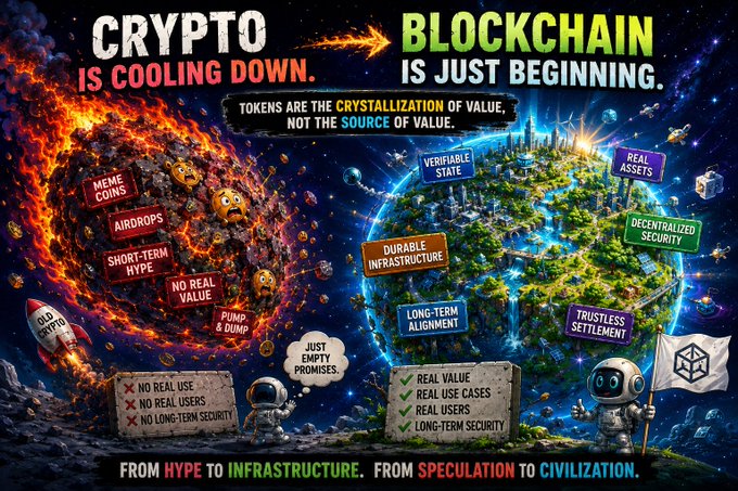 A split-space illustration contrasts a burning asteroid labeled "Crypto is cooling down" (with tokens like "Meme coins," "Airdrops," and "Pump & Dump") against a thriving green world labeled "Blockchain is just beginning" featuring attributes like "Verifiable state," "Real assets," and "Long-term alignment," with the tagline "From hype to infrastructure. From speculation to civilization." The image visually reinforces the post's thesis that durable blockchain infrastructure—not speculative tokens—is the true foundation of lasting value.