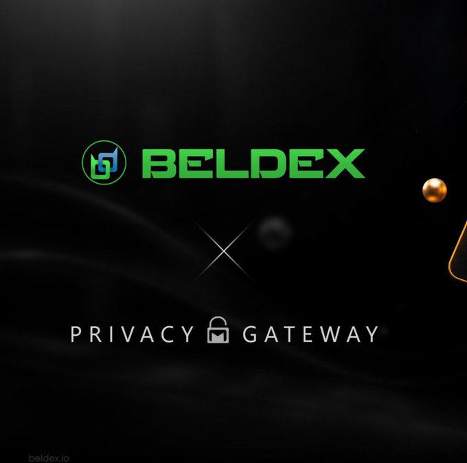 A dark promotional graphic for "BELDEX" with green branding, featuring the text "PRIVACY GATEWAY" below and "beldex.io" in the corner, set against a black background with gold and dark spheres.