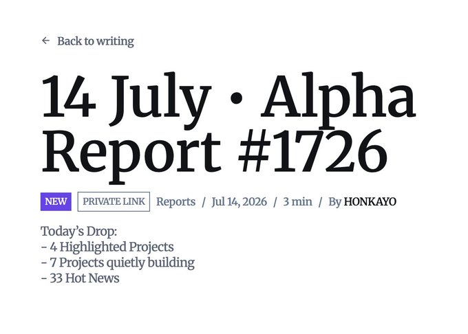 A digital article header titled '14 July · Alpha Report #1726' dated Jul 14, 2026, by HONKAYO, listing 'Today's Drop' as 4 Highlighted Projects, 7 Projects quietly building, and 33 Hot News.
