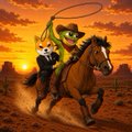 The image depicts a cartoon troll wearing a green hat and red glasses, riding a horse while swinging a lasso, in a Wild West desert setting at sunset. It complements the "Flip Shib" theme by swapping the typical cowboy imagery with the iconic troll character, tying into the $Troll token referenced in the post.