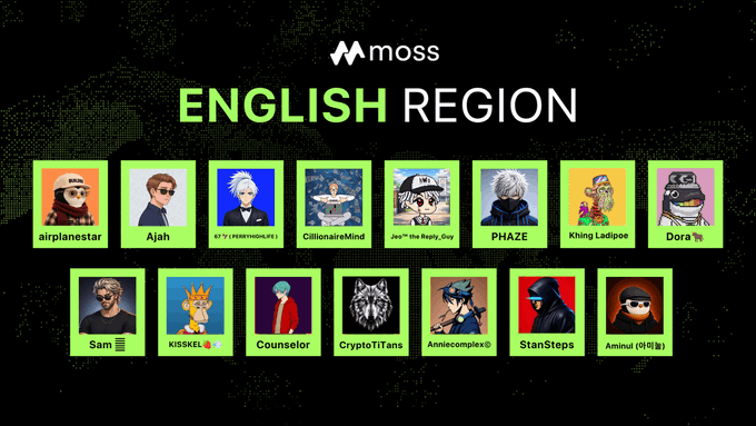 A graphic titled 'ENGLISH REGION' lists 15 moss builder avatars with usernames, set against a world map background.