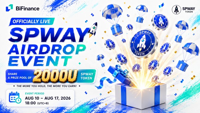 A promotional banner for the 'SPWAY AIRDROP EVENT' by BiFinance, offering a prize pool of 20,000U SPWAY Token during August 10 - August 17, 2026.