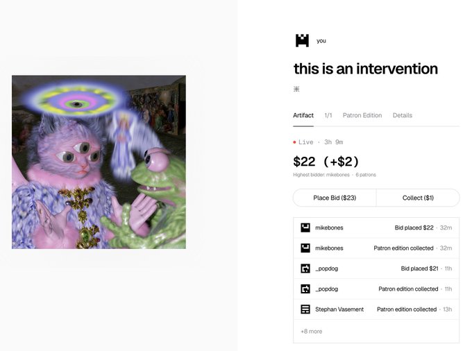 A Foundation auction page titled 'this is an intervention' by artist 'you,' featuring a surreal pink cat-like creature with a glowing rainbow halo, currently at $22 (+$2) with bids from mikebones, _popdog, and Stephan Vasement.