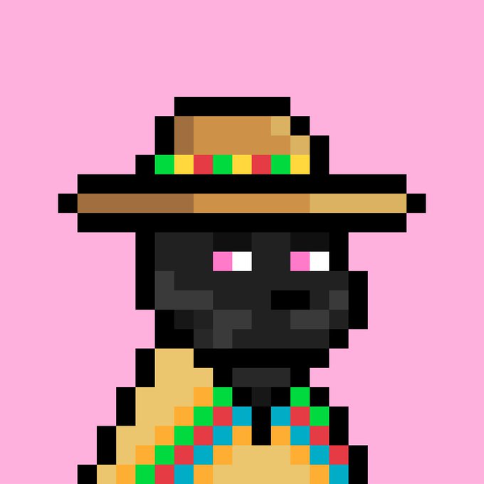 A pixel art character depicted as a black figure with pink eyes wearing a wide-brimmed orange and yellow hat and a colorful rainbow-patterned outfit against a solid pink background.