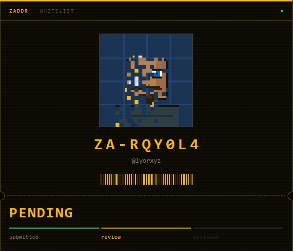 Digital whitelist entry showing a pixel-art character with the code "ZA-RQY0L4" by user @lyorxyz, currently in "PENDING" status at the review stage.
