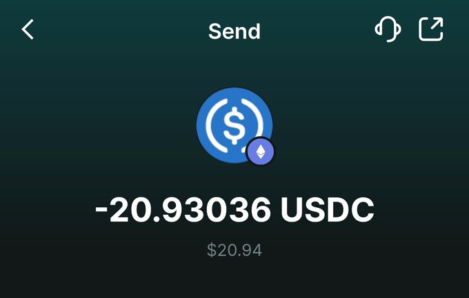 A crypto wallet 'Send' screen showing a transaction of -20.93036 USDC ($20.94) on what appears to be the Base network (indicated by the blue diamond icon).