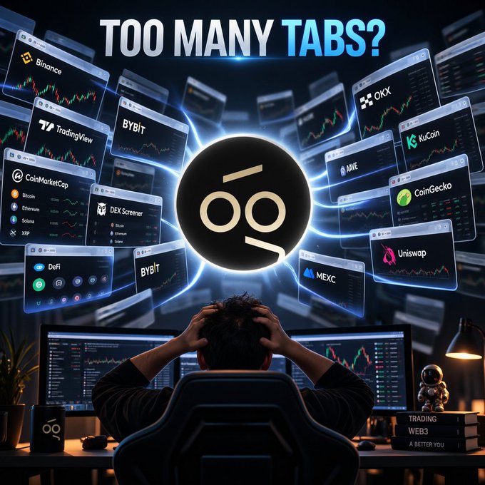 A stylized image with the text 'TOO MANY TABS?' shows a frustrated person at a desk surrounded by floating tabs of various crypto platforms including Binance, TradingView, OKX, and KuCoin.