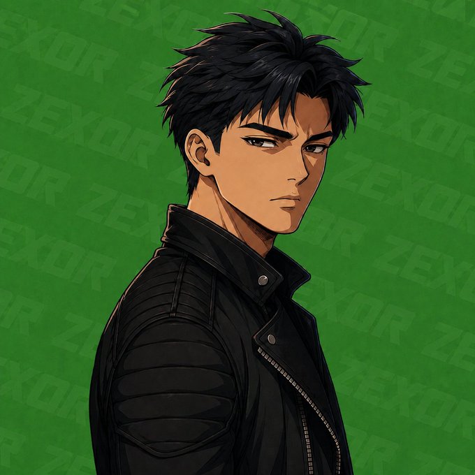 Anime-style illustration of a serious young man with spiky black hair wearing a black leather jacket against a green background with 'ZEXOR' watermarks.