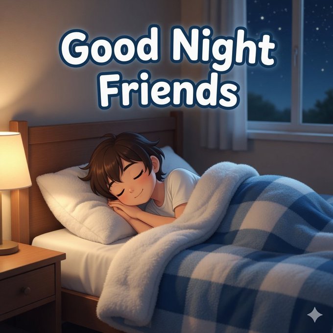 An illustrated image showing a young boy sleeping peacefully in bed under a checkered blanket, with the text 'Good Night Friends' overlaid in large letters, set in a cozy bedroom with a window showing a starry night sky.