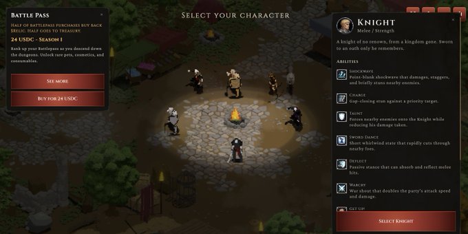 A video game character selection screen featuring the Knight class with abilities like Shieldwave, Charge, Taunt, Sword Dance, Deflect, and Warcry, alongside a Battle Pass offer for '24 USDC - Season I'.