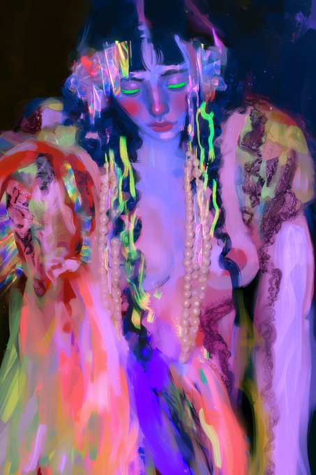 The image portrays a vivid and surreal portrait of a woman, which complements the accompanying post's claim of it being a "Royal Self Portrait #45." This suggests that it could be part of a collection or series of digital art pieces created by an artist using the pseudonym 'Royal,' possibly utilizing the text-to-image AI-generated art platform Midjourney. The mention of 'KT1QK69' alongside the website 'objkt.com' refers to an NFT (Non-Fungible Token) on the Objkt.com platform, which could be where this digital artwork is tokenized or sold as part of a limited edition.