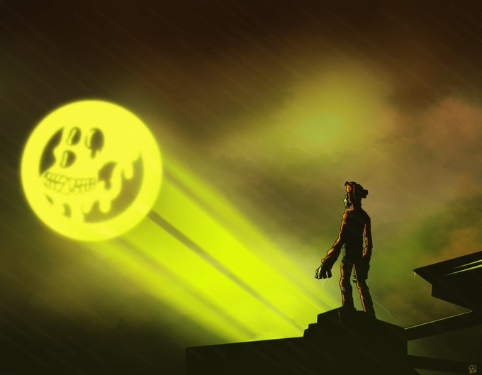 A silhouette of a figure wearing what appears to be a gas mask stands on a rooftop against a hazy yellow-green sky, with a grinning moon logo (resembling the "Mutant Ape Yacht Club" emblem) beaming down light rays beside them—fitting the post's "Happy Mutant Monday" greeting from Bored Ape YC.