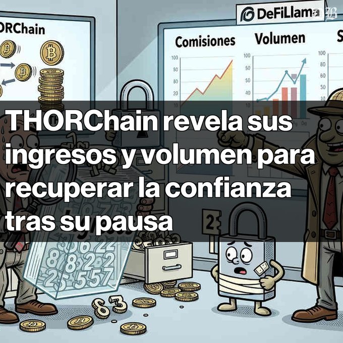 A Spanish-language graphic from DeFiLlama with the headline 'THORChain revela sus ingresos y volumen para recuperar la confianza tras su pausa,' featuring cartoon characters and cryptocurrency imagery.
