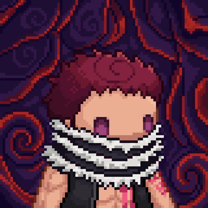 A pixel art chibi character with dark red hair, a large ruffled white and black collar, and a dark outfit set against a swirling red and purple background, visually evoking the haunting, otherworldly aesthetic of "Hollows" from Hollow Knight to match the post's claim about Hollows saving ETH NFTs.