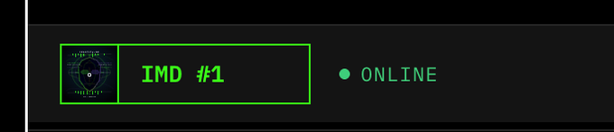 A dark interface displays a green-bordered badge featuring an "Imdinals" logo and the text "IMD #1," alongside a green status indicator reading "ONLINE," visually confirming the agent's active status referenced in the post linking to explorer.imd.fun/agents.
