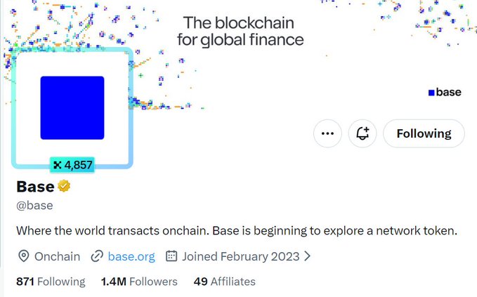 The image displays the Base (@base) X/Twitter profile, verified with 1.4M followers, featuring the tagline "The blockchain for global finance" and noting "Where the world transacts onchain. Base is beginning to explore a network token," which directly reflects the post's announcement about Base exploring a potential $BASE token and community distribution.