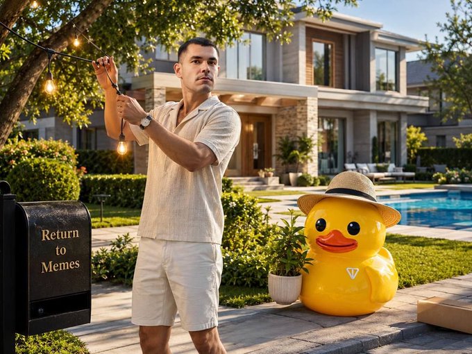 A man strings up decorative lights beside an inflatable duck wearing a straw hat, with a mailbox reading "Return to Memes" in front of a luxurious mansion and pool, humorously framing the scene as a "Wolf of Ton Street"-style flex for the $GRAM and $UTYA tokens.