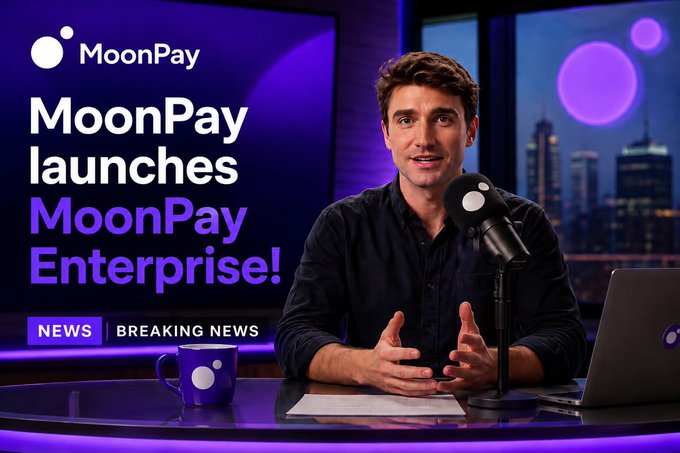 A news broadcast screenshot from MoonPay announcing 'MoonPay launches MoonPay Enterprise!' with an anchor at a desk with a microphone.