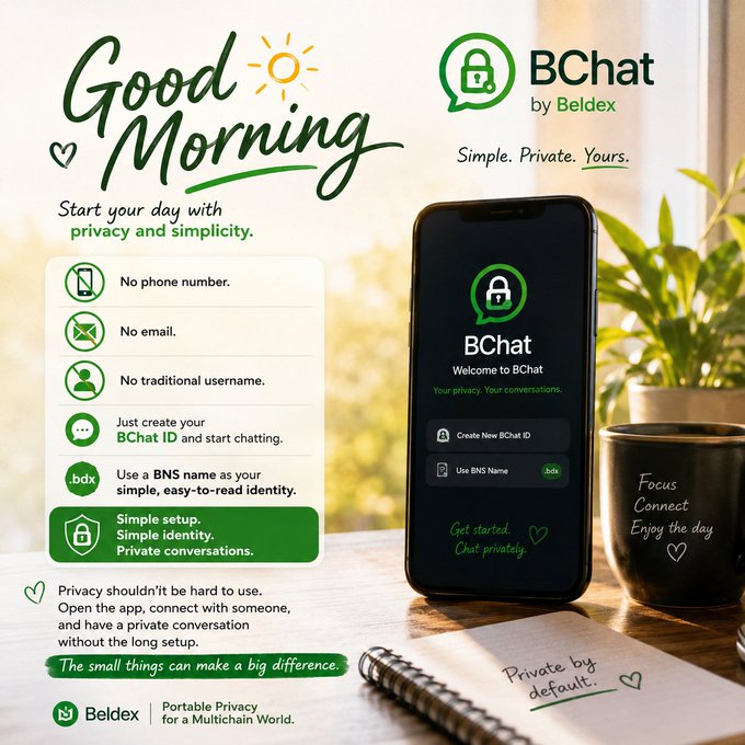 A promotional graphic for BChat by Beldex featuring a 'Good Morning' message and highlighting privacy features like no phone number, no email, and no traditional username, displayed alongside a smartphone showing the BChat welcome screen.