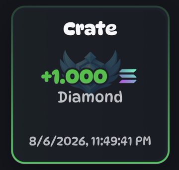 The image shows a notification for a "Crate" reward of +1,000 Diamond, dated 8/6/2026 at 11:49:41 PM, highlighting a prize won from Rugs.fun's daily diamond crate. This aligns with the post celebrating a win from the platform's daily crate reward system.