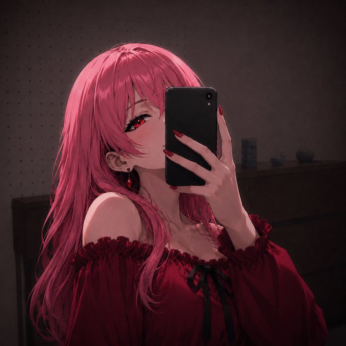 An anime-style illustration of a pink-haired girl in a red off-shoulder top taking a mirror selfie with a smartphone.