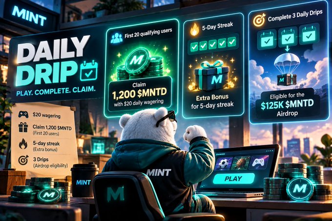A digital advertisement for 'MINT' featuring a bear wearing sunglasses at a computer, promoting 'DAILY DRIP' rewards that 'PLAY. COMPLETE. CLAIM.' and includes offers like 'Claim 1,200 $MNTD' and 'Eligible for the $125K $MNTD Airdrop'.