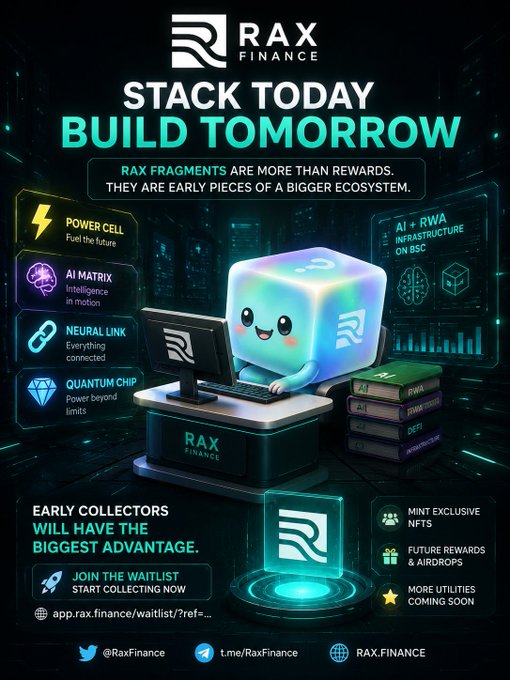 The image features a poster for a cryptocurrency called RAX, which is designed to encourage people to stack their RAX Fragments every day. The poster includes a cartoon character of a robot sitting at a desk with a laptop computer, symbolizing the use of technology in managing and growing the cryptocurrency ecosystem.!