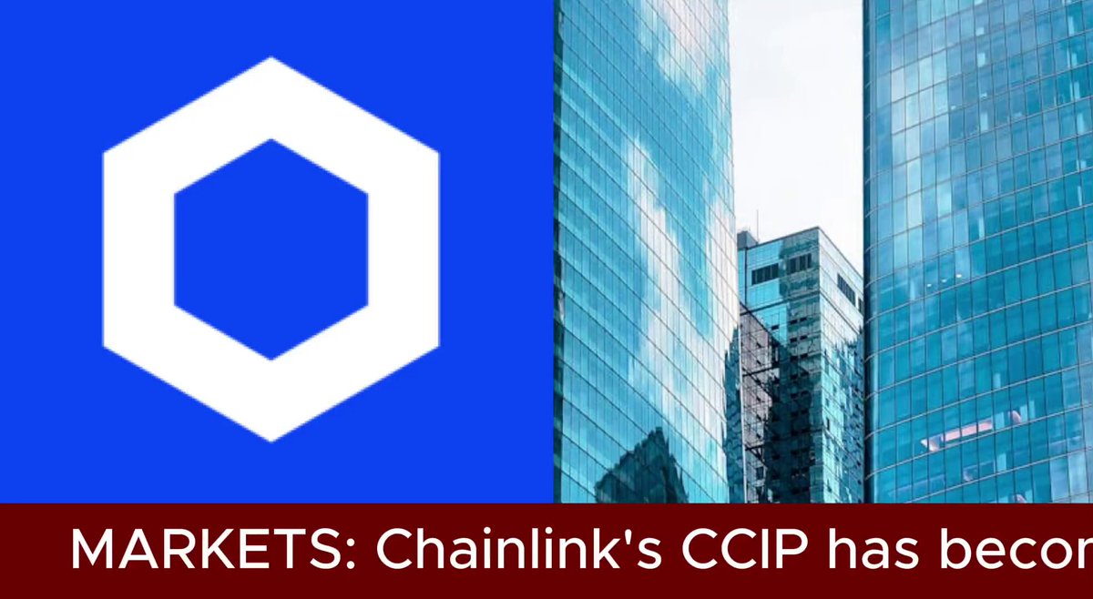 The image features a large blue hexagon with white edges, which is the logo for Chainlink, a cryptocurrency exchange platform. The text "MARKETS." is written below the logo, indicating that the company is promoting its services. The image also includes a photo of a building and the words "chainlink's CCIP has becon" written beneath it. This suggests that Chainlink's CCIP token could potentially grow to an enormous value in the future.