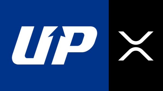 The image displays the white "UP" logo of Upbit exchange on a blue background alongside the white XRP cryptocurrency logo on a black background, visually representing XRP's surpassing of Bitcoin in trading volume on the South Korean exchange.