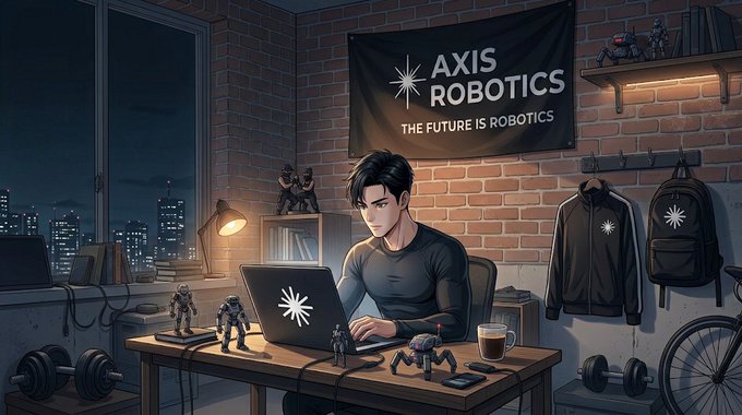 An anime-style illustration of a young man working on a laptop with an "AXIS ROBOTICS" logo on it, in a brick-walled room with a banner reading "AXIS ROBOTICS - THE FUTURE IS ROBOTICS," surrounded by robot figurines and tech accessories.