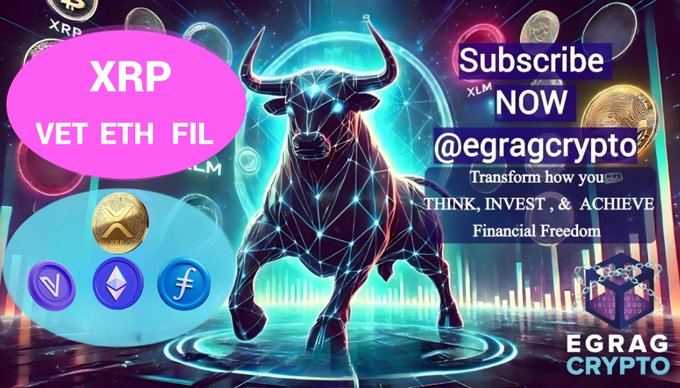 A vibrant crypto-themed graphic features a glowing neon bull surrounded by floating cryptocurrency coins, with the text "XRP, VET, ETH, FIL" displayed in a pink bubble alongside subscription prompts for "@egragcrypto" and the tagline "Transform how you THINK, INVEST, & ACHIEVE Financial Freedom." The bullish imagery and featured tickers directly preview the altcoins (XRP, VET, ETH, FIL) being analyzed in the accompanying post, signaling an upcoming bullish video.
