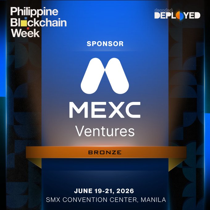 The image features a poster for the Philippine Blockchain Week at the SMX Convention Center in Manila. The poster has a blue background with white text that reads "MEXC VENTURES Bronze" and "MEXC". It also includes an orange banner displaying the words "SPONSOR" and "MEXC" along with the date "June 19-21, 2016" and the location "SMX Convention Center, Manila". The poster is designed to promote the event and attract attendees.