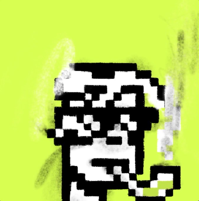 A pixelated, black-and-white portrait of a face with green eyes on a bright neon green background with a grainy, spray-painted texture.