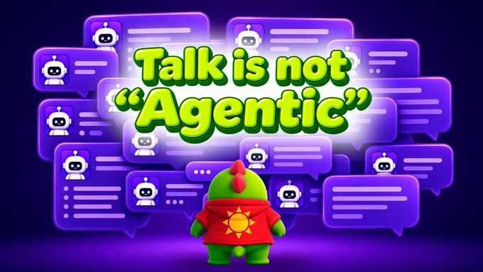 A graphic with a 3D green character wearing a red shirt with a yellow sun emblem, standing before purple AI chat bubbles with the bold text 'Talk is not "Agentic"'.