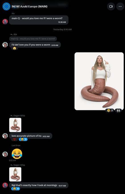 A Discord chat log from '!NEW! Azuki Europe (MAIN)' shows users 'main Q' and 'IRA' joking about wearing a worm, followed by user 'Dejen Mike' sharing a meme image captioned 'lore accurate picture of lra'.