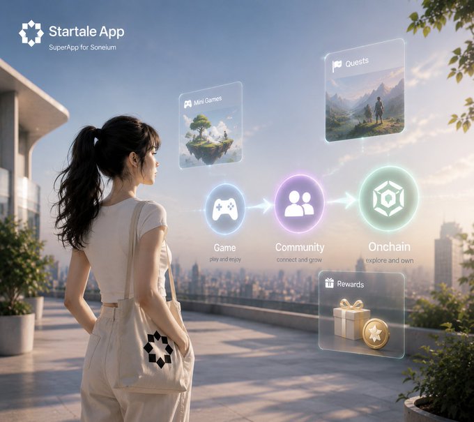 A promotional image for 'Startale App - SuperApp for Soneium' shows a woman with a tote bag overlooking a cityscape, with floating icons representing Quests, Mini Games, Game, Community, Onchain, and Rewards.