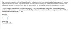 The image shows a formal letter with the NOBLE Initiative masthead, discussing how public utility and technological innovation should advance together, with a modern regulatory framework supporting responsible innovation. The letter is signed by Romeo Hall, National President, and relates to the post by highlighting the call for legislative action like the CLARITY Act to support U.S. competitiveness against rising crypto hubs in Asia.