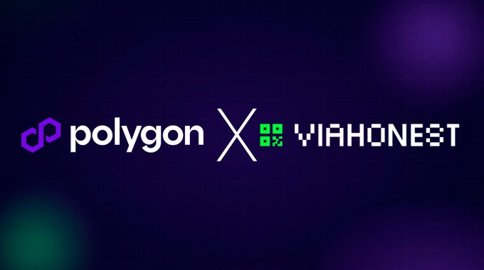 The image displays a partnership graphic on a dark purple background featuring the "polygon" logo alongside the "VIAHONEST" logo with a stylized "X" between them, illustrating the collaboration between the two brands as mentioned in the post.